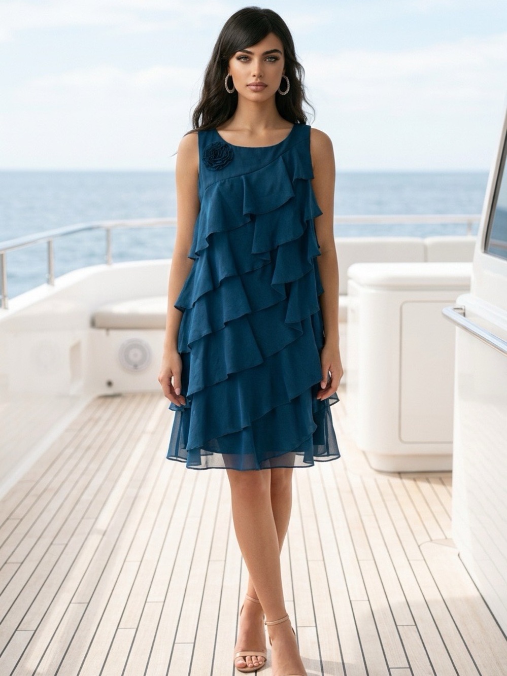 London Times Teal Tiered Ruffle Midi Dress
